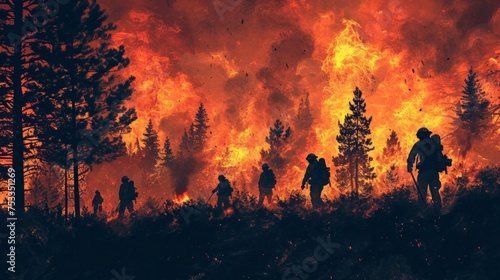 Team of Firefighters in Safety Uniform Extinguishing Wildland Fire  Moving Along a Smoked Out Forest to Battle Dangerous Ecological Emergency.