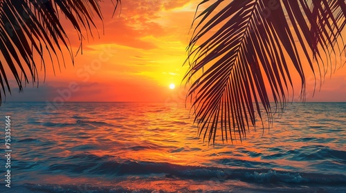 Generative AI : Beautiful sunset beach landscape, exotic tropical island nature, summer holidays vacation