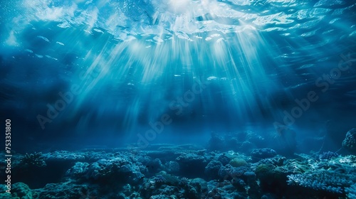 Generative AI : Artistic underwater photo of landscape in beautiful blue light. From a scuba dive