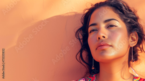 A portrait of a young Mexican woman leaning against a peach beige wall, showcasing her elegant earrings. Banner, copy space.