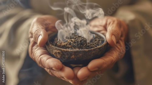 An upclose image of a practitioners hands holding a burning herb called moxa used in traditional Chinese medicine for acupuncture treatment.