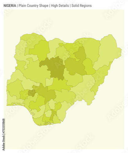 Nigeria plain country map. High Details. Solid Regions style. Shape of Nigeria. Vector illustration.