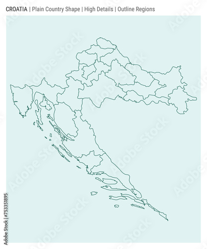 Croatia plain country map. High details. Outline regions style. Shape of Croatia. Vector illustration.