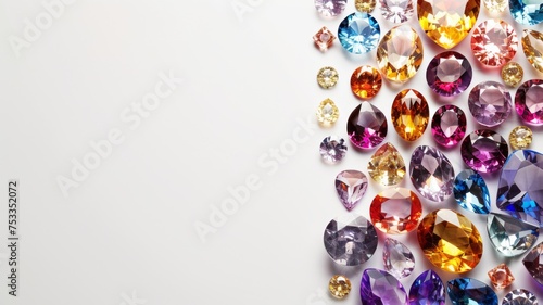 Colorful gemstones scattered on white background - A vibrant array of sparkling gemstones of various colors and cuts, neatly scattered across a clean white surface