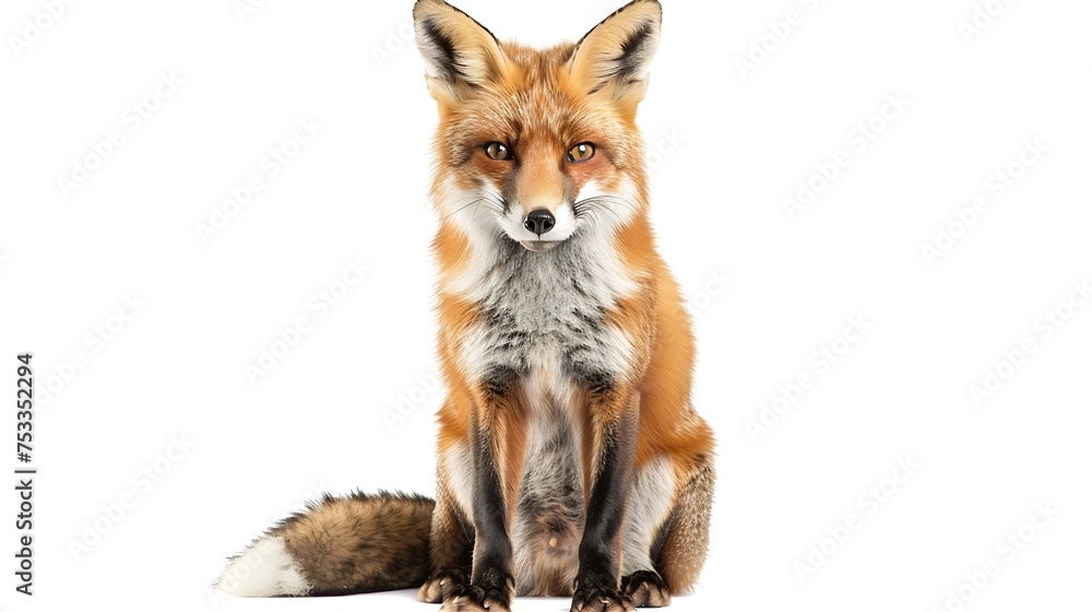 Generative AI : Front view of Red Fox, 1 year old, sitting in front of white background