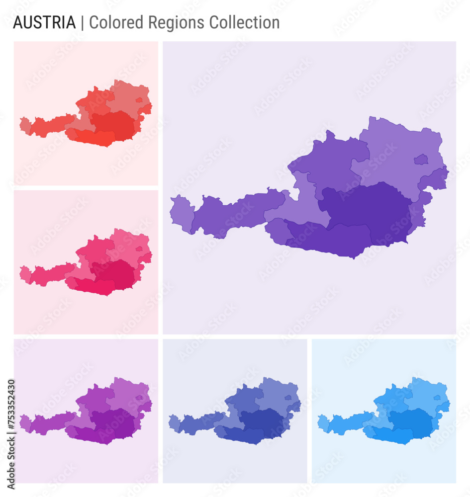 Austria map collection. Country shape with colored regions. Deep Purple, Red, Pink, Purple, Indigo, Blue color palettes. Border of Austria with provinces for your infographic. Vector illustration.