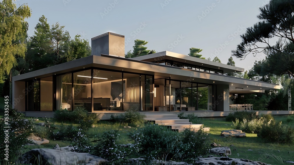 Generative AI : A modern house with a flat roof and panoramic windows surrounded by nature. 3D visualization