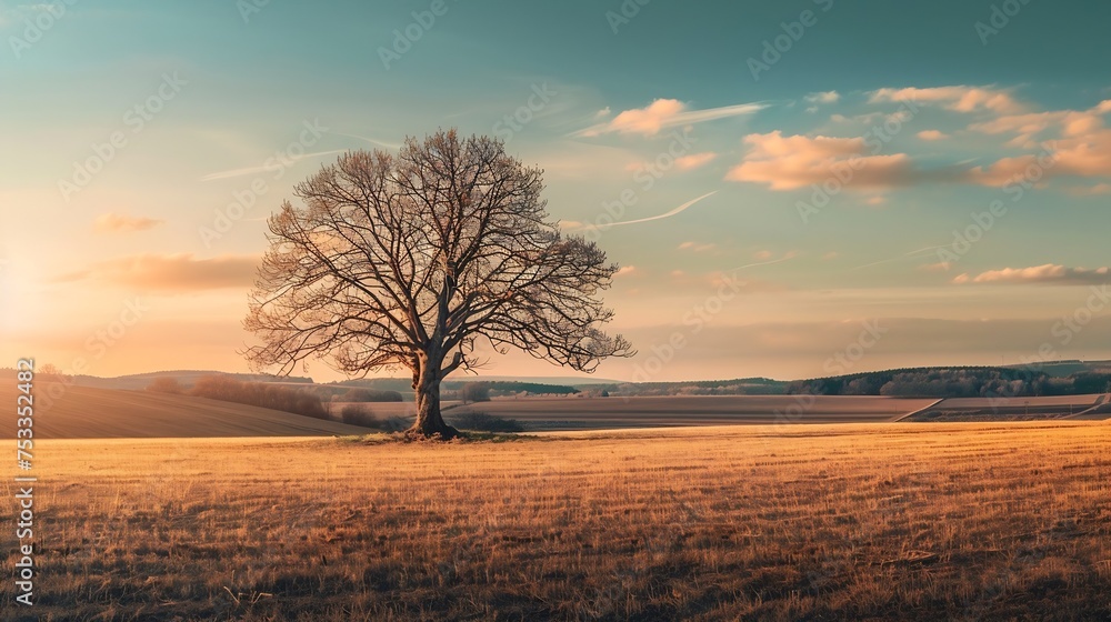 Generative AI : Lonesome tree on the fields near Worms, Germany during sunset