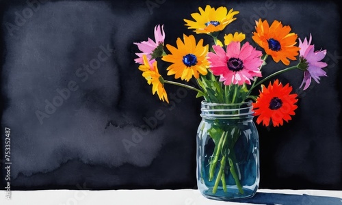 watercolor painting of a bouquet of flowers in a mason jar.