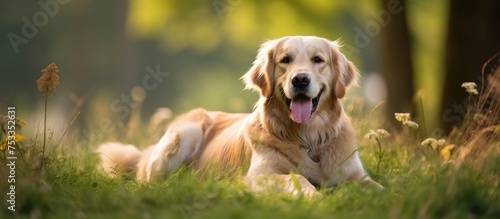 A cheerful golden retriever is seated obediently