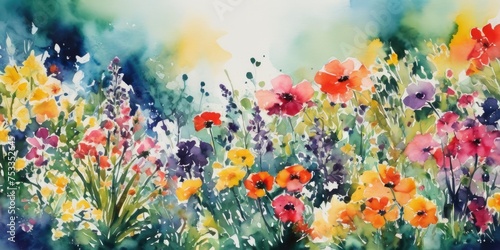 watercolor scene of a garden in full bloom with various types of flowers.