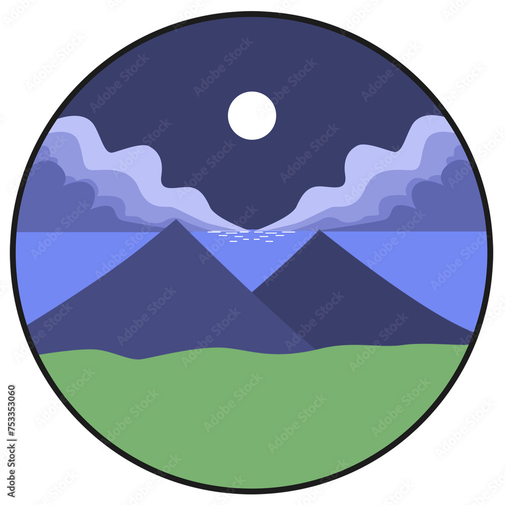 mountain, moon, cloud illustration design