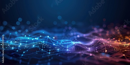 Abstract technology background with colorful connected dots and waves photo