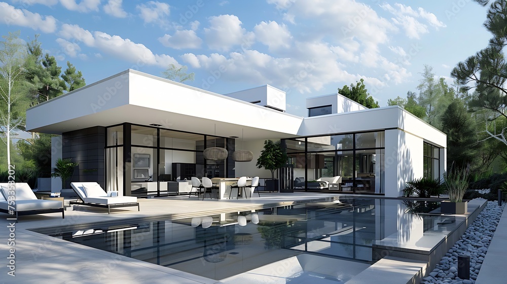 Fototapeta premium Generative AI : Design house - modern villa with open plan living and private bedroom wing.