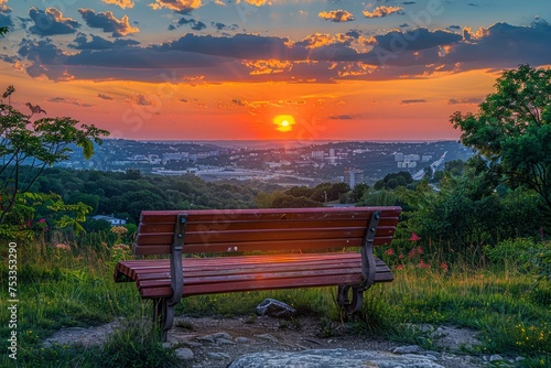 Majestic Sunset View over City Skyline from Park Bench on Hilltop - Tranquil Nature Scene with Vibrant Skies