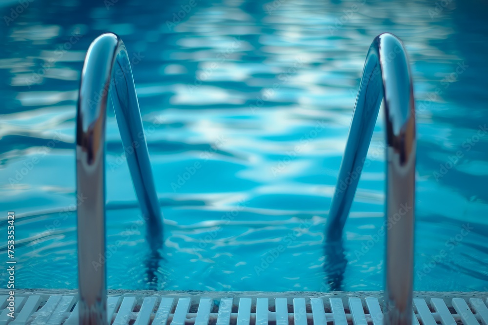 Tranquil Blue Swimming Pool Water with Metal Ladder on Sunny Day, Relaxing Resort or Hotel Amenities Scene Tranquil Blue Swimming Pool Water with Metal Ladder on Sunny Day, Relaxing Resort or Hotel Amenities Scene