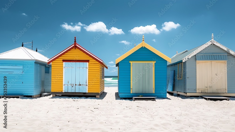 Generative AI : Beautiful Bathing houses on white sandy beach Generative AI : Beautiful Bathing houses on white sandy beach