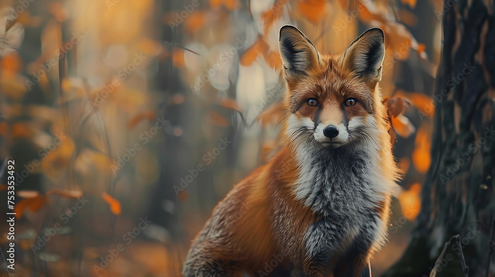 Generative AI : Portrait of a Red fox in the forest during the autumn - obrazy, fototapety, plakaty 