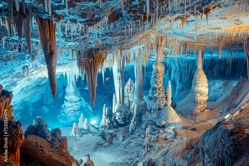 Majestic Stalactite and Stalagmite Formations in Underground Cave Illuminated with Blue Lights