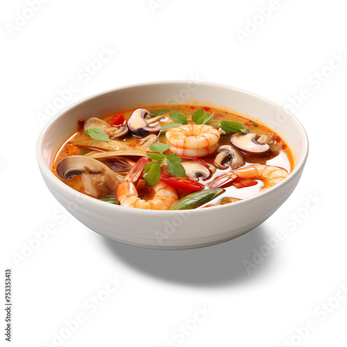 Tom yam soup in a white plate. Decorated with green onions. Close-up, top view. White background.