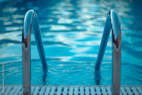 Tranquil Blue Swimming Pool Water with Metal Ladder on Sunny Day, Relaxing Resort or Hotel Amenities Scene © pisan