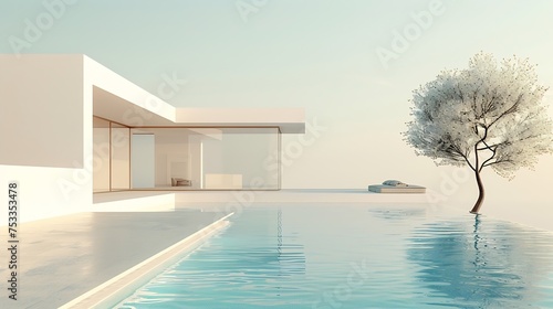 Generative AI : Architecture 3d rendering illustration of minimal modern house with swimming pool © The Little Hut
