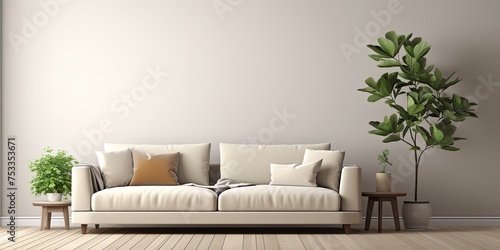 Contemporary living room with cozy couch, light, and potted plant.
