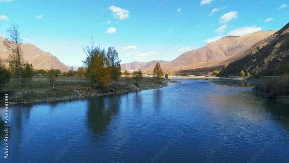 aerial view of beautiful autumn landscape by the river with water reflections at Sichuan China aerial view of beautiful autumn landscape by the river with water reflections at Sichuan China
