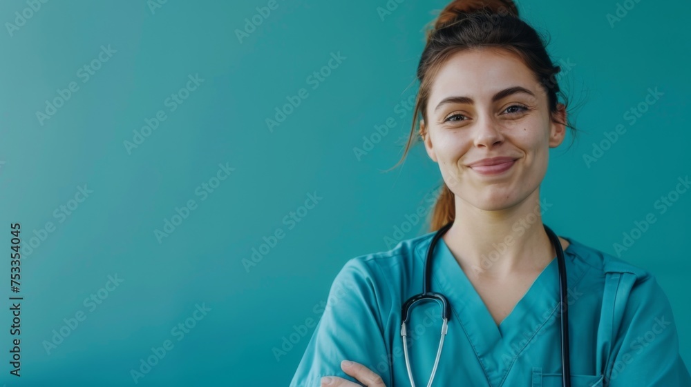 Happy healthcare worker with a stethoscope - A smiling young nurse with a stethoscope in medical scrubs Happy healthcare worker with a stethoscope - A smiling young nurse with a stethoscope in medical scrubs