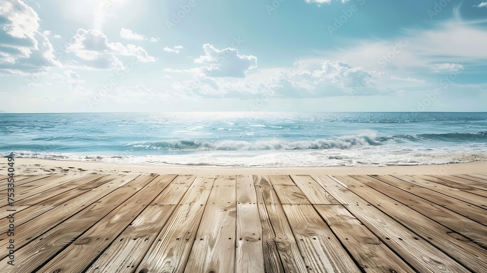 Fototapeta premium Generative AI : Wooden floors and ocean backdrop Suitable for a beach use. The beauty of nature