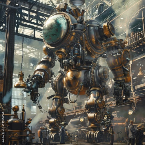 Giant steampunk robot in an industrial setting - An intricate steampunk robot towers amidst a bustling industrial backdrop, rich in detail and suggestive of an alternate historical timeline or fantasy