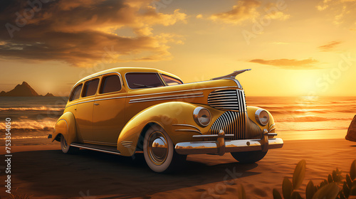 A classic antique vehicle parked on a sandy beach with waves and sunset in the background.  © wanchai