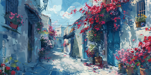 Floral Alley in Sunlight. A picturesque street adorned with colorful flowers. © Kordiush