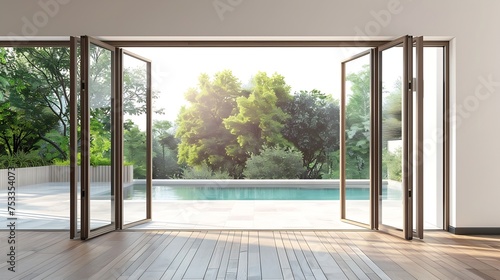 Generative AI : Modern contemporary empty room with swimming pool background 3d render, The room has wood floor white wall 