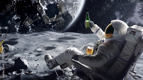 Generative AI : Back view of lunar astronaut having a beer while resting in a beach chair on Moon surface photo