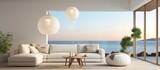 Modern Living Room Interior with White Sofa Knitted Pouf Vase and Light Bulbs Panoramic View