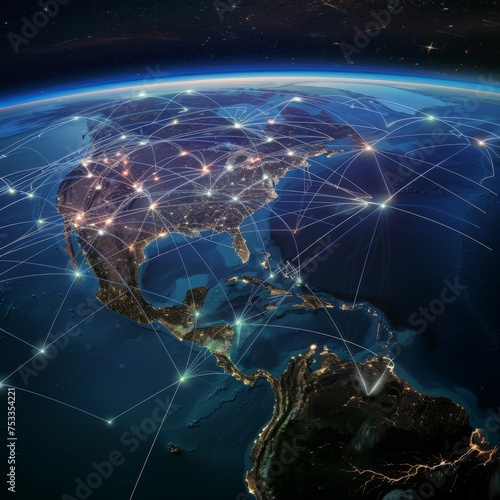 Network connections across North America at night - Illuminated network connections highlighting major cities and interactions across the North American continent during night time