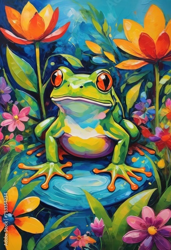 enchanted forest scene with a colorful frog as the centerpiece, surrounded by richly colored flowers and leaves.