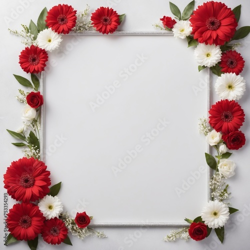 Flowers composition. Frame made of red and white flowers background. top view, copy space © Amlumoss