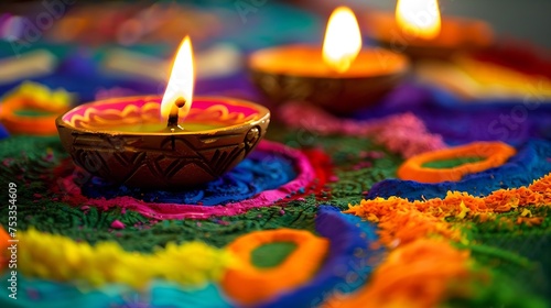 Generative AI : Diwali celebration - Diya oil lamps lit on colorful rangoli