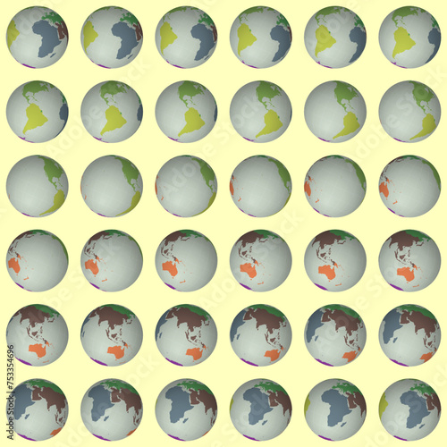 Collection of globes. Tilted sphere view. Rotation step 10 degrees. Colored continents style. World map with graticule lines on warm background. Dazzling vector illustration.