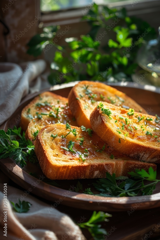 Grilled bread with herbs. Generative AI Grilled bread with herbs. Generative AI