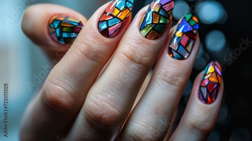 Female hand with colorful manicure. Generative AI