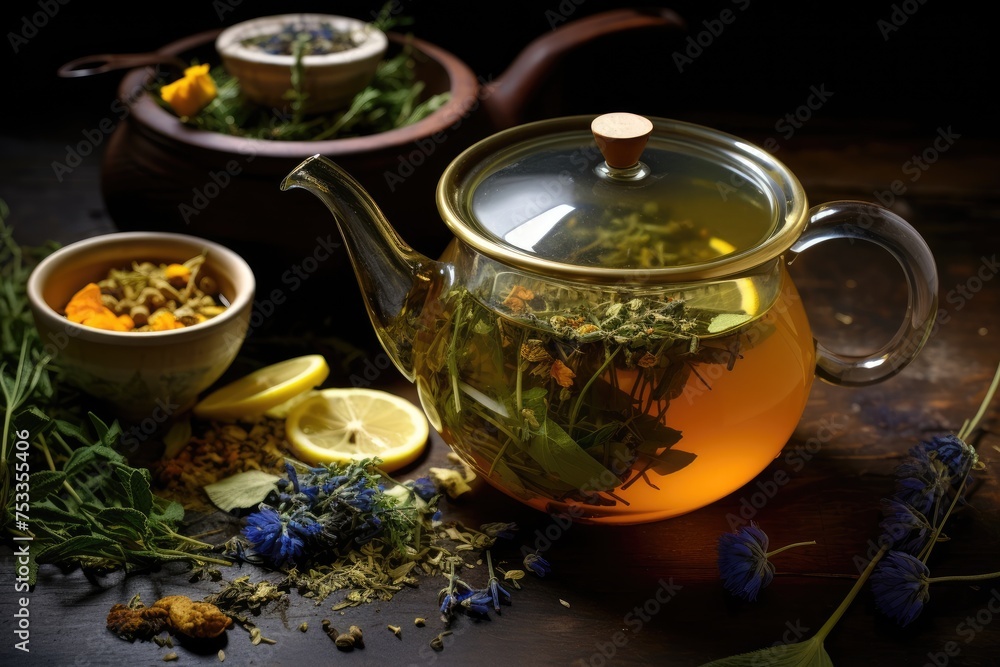 Herbal tea with lemon and wildflowers on dark wooden background Herbal tea with lemon and wildflowers on dark wooden background