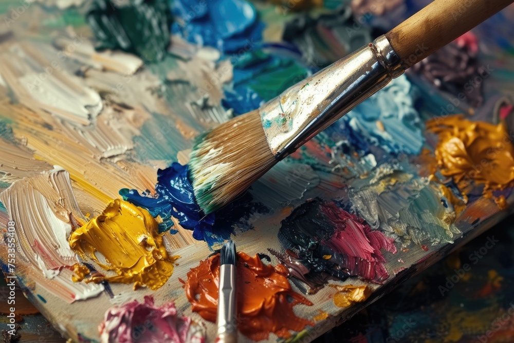 Fototapeta premium Paint brushes and palette with oil paints on a palette