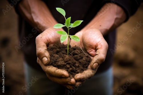 Hands of man holding a young green plant with soil background.