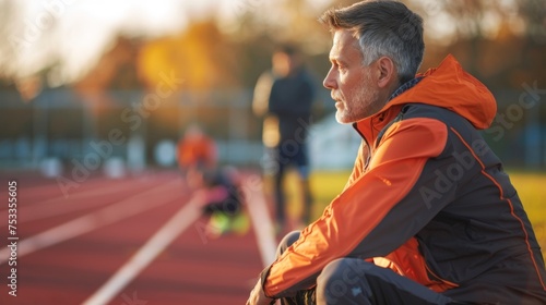 A shot of a coach in action crouched at the edge of the track intently monitoring and instructing their athletes as they train for peak performance. © Justlight
