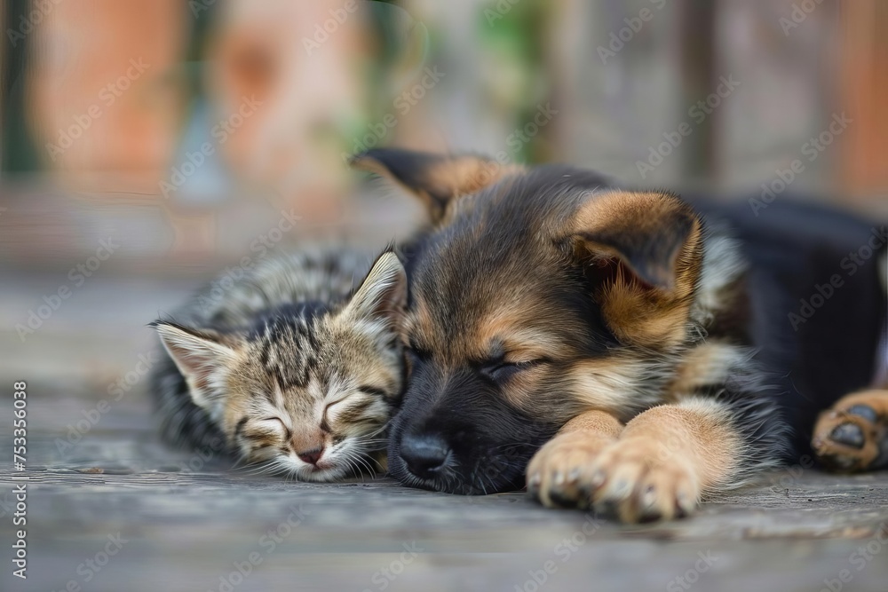 Adorable scene of a puppy and kitten cuddling together Symbolizing friendship and harmony between different species Adorable scene of a puppy and kitten cuddling together Symbolizing friendship and harmony between different species