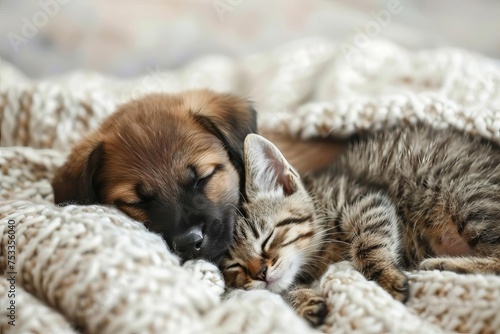 Adorable scene of a puppy and kitten cuddling together Symbolizing friendship and harmony between different species