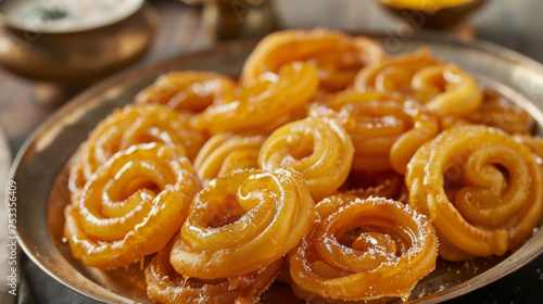 A platter of freshly made goldenfried jalebis a popular Diwali sweet made from a batter of wheat flour and sugar syrup symbolizing the sweet and joyful moments in life.